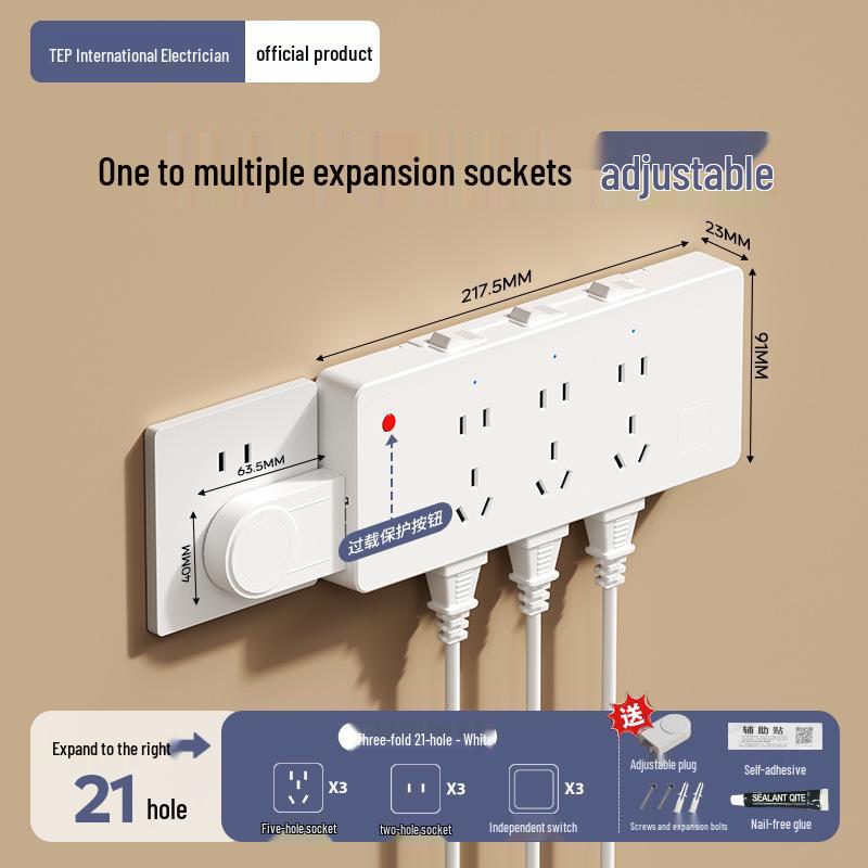 Expandable 86 Type Multi-hole Switch Panel Socket with Surface-Mounted Extension Converter for Household Use.