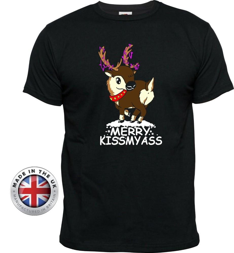 

MERRY KISSMYASS Reindeer black rude Christmas T-shirt Unisex + Ladies fitted 4XL