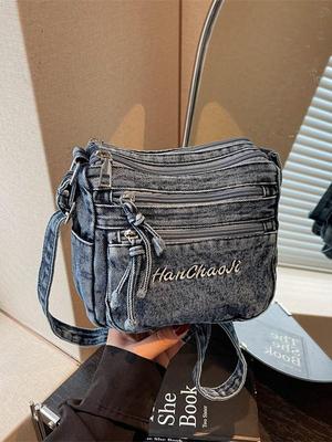 Retro Minimalist Multi-Pocket Embroidered Denim Crossbody Bag (2025)