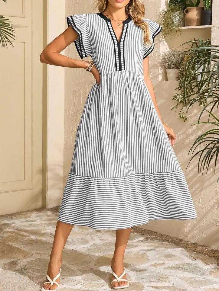 2026 European & American Fashion Women's Striped Double Ruffle Short Sleeve Color Block V-neck Skirt
