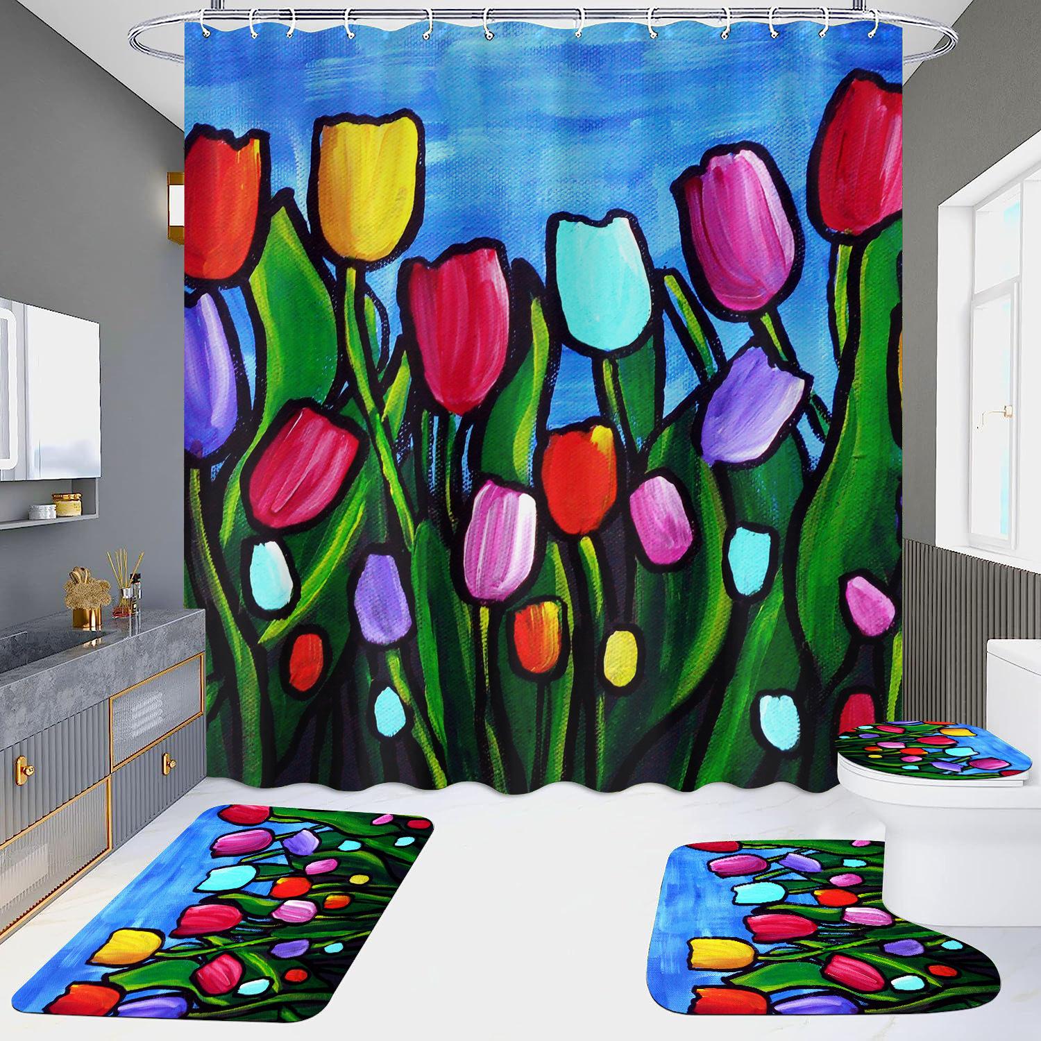 

Набор из 4 предметов шторки для душа с HD-печатью | Без сверления для ванной/отеля, водонепроницаемая шторка-перегородка для туалета с дизайном «Сто цветов» 90x180cm Shower Curtain