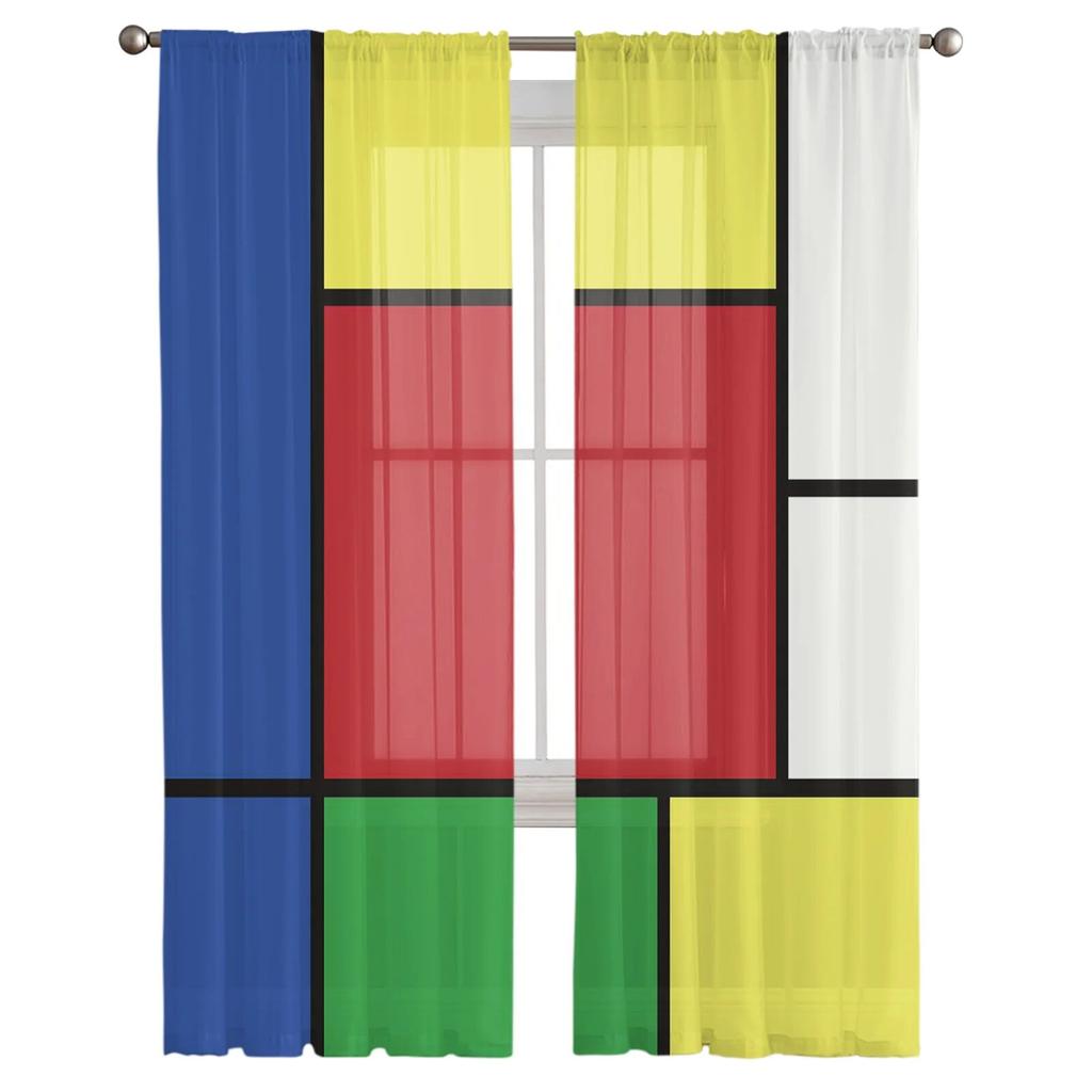 Abstract Geometric Block Tulle Curtains Modern Voile Sheer for Living Room Bedroom Kitchen