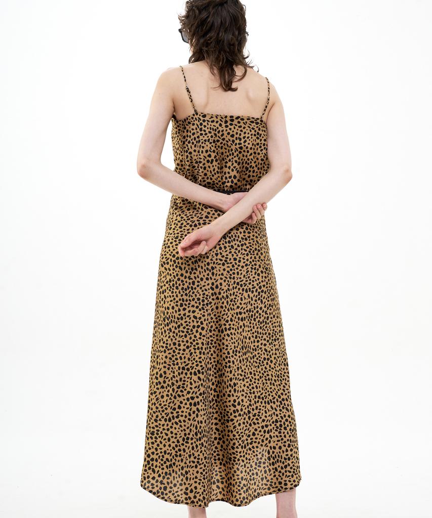 Bikwaieos Flared Satin Slit Skirt Leopard_Brown Black