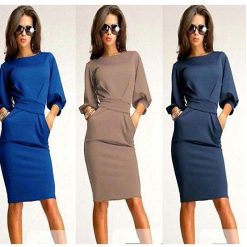 Elegant Women Fashion Sexy Fifth Sleeve Round Neck Pocket Bodycon Cocktail Dress