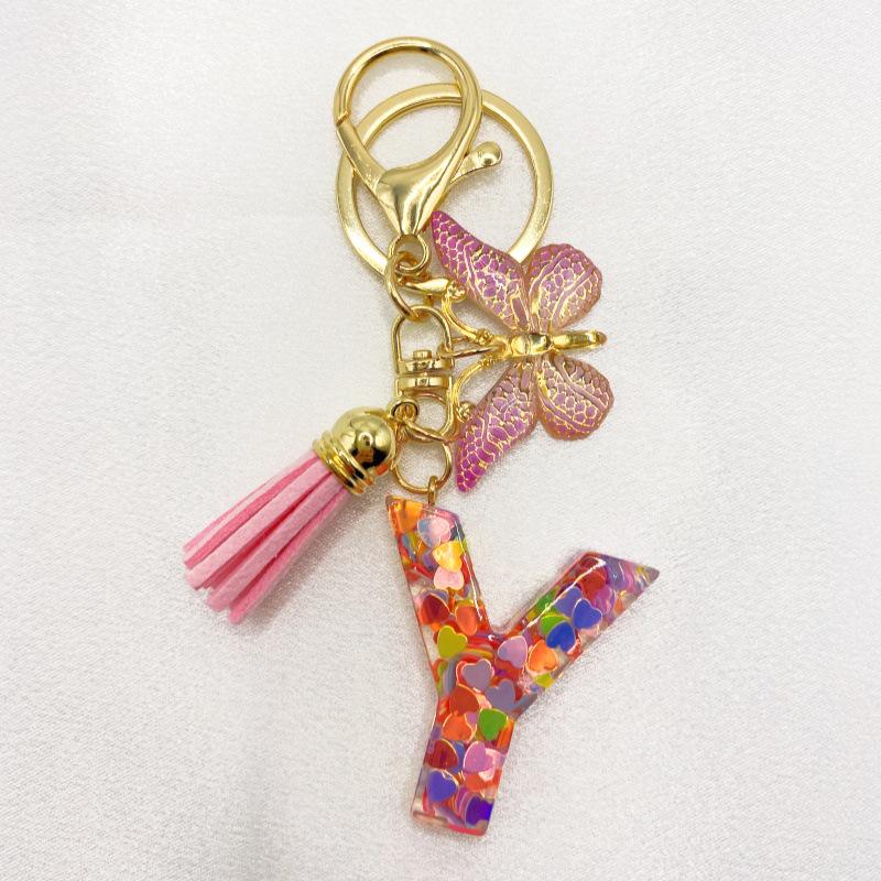 26-Letter Alphabet Resin Keychain with Star Sequins & Tassel Charm