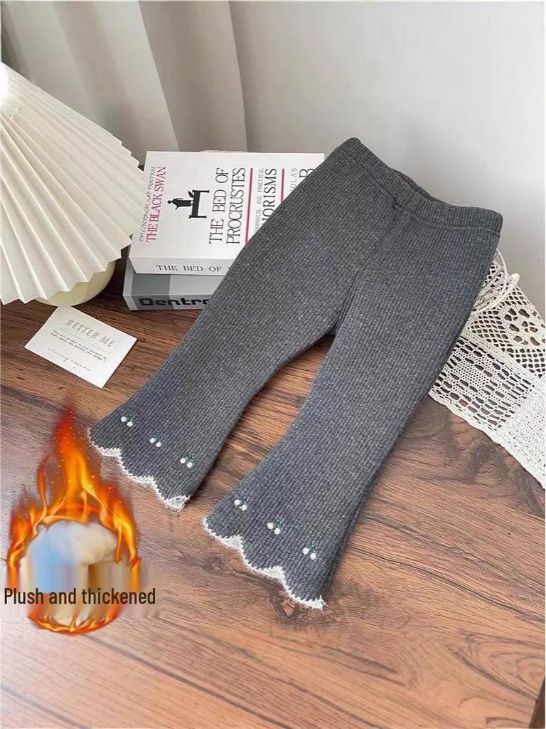 Girls' Velvet Bell-Bottom Pants - Cozy Autumn/Winter Korean-Style Trendy Warm Long Pants