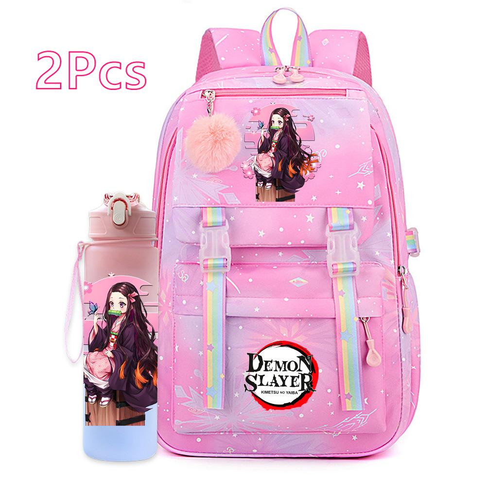 2Pcs/set Anime Cartoon Demon Slayer Printed Backpack with 750Ml Water Bottler for Teenager Bookbag Large Capacity Waterproof Travel Bag Gift