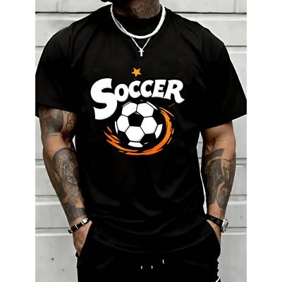 European Size Men's T-Shirt with Soccer & Star Print - Breathable Short Sleeve Training Tee, Casual Wear & Soccer Parties, Round Neck