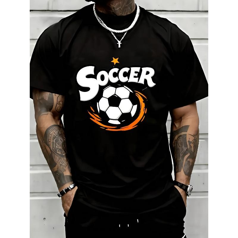 European Size Men's T-Shirt with Soccer & Star Print - Breathable Short Sleeve Training Tee, Casual Wear & Soccer Parties, Round Neck