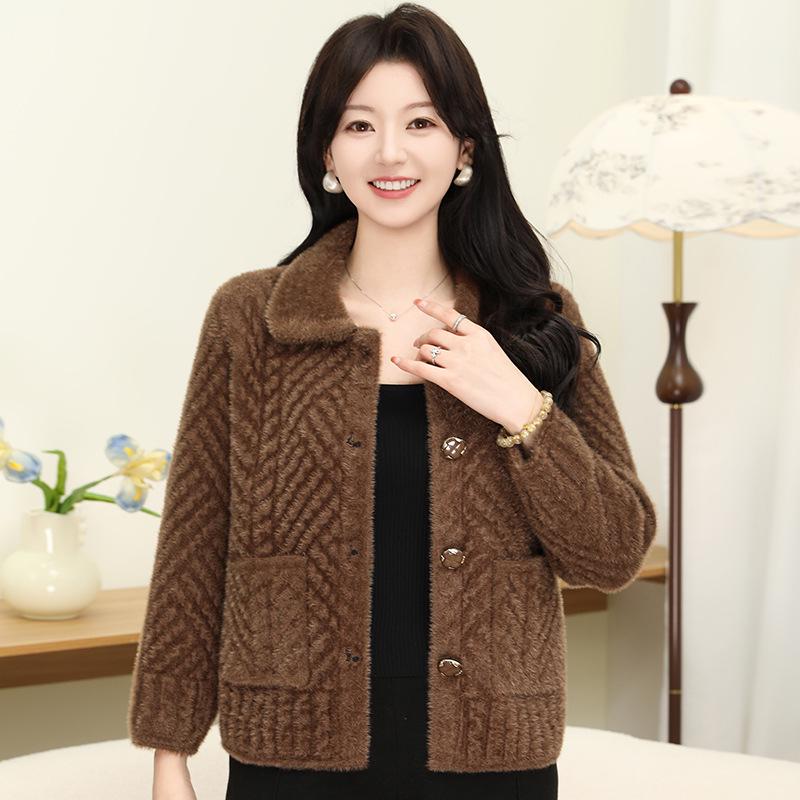 Faux Mink Button Knit Lapel Cardigan: Stylish, Warm Autumn/Winter Sweater for Women.