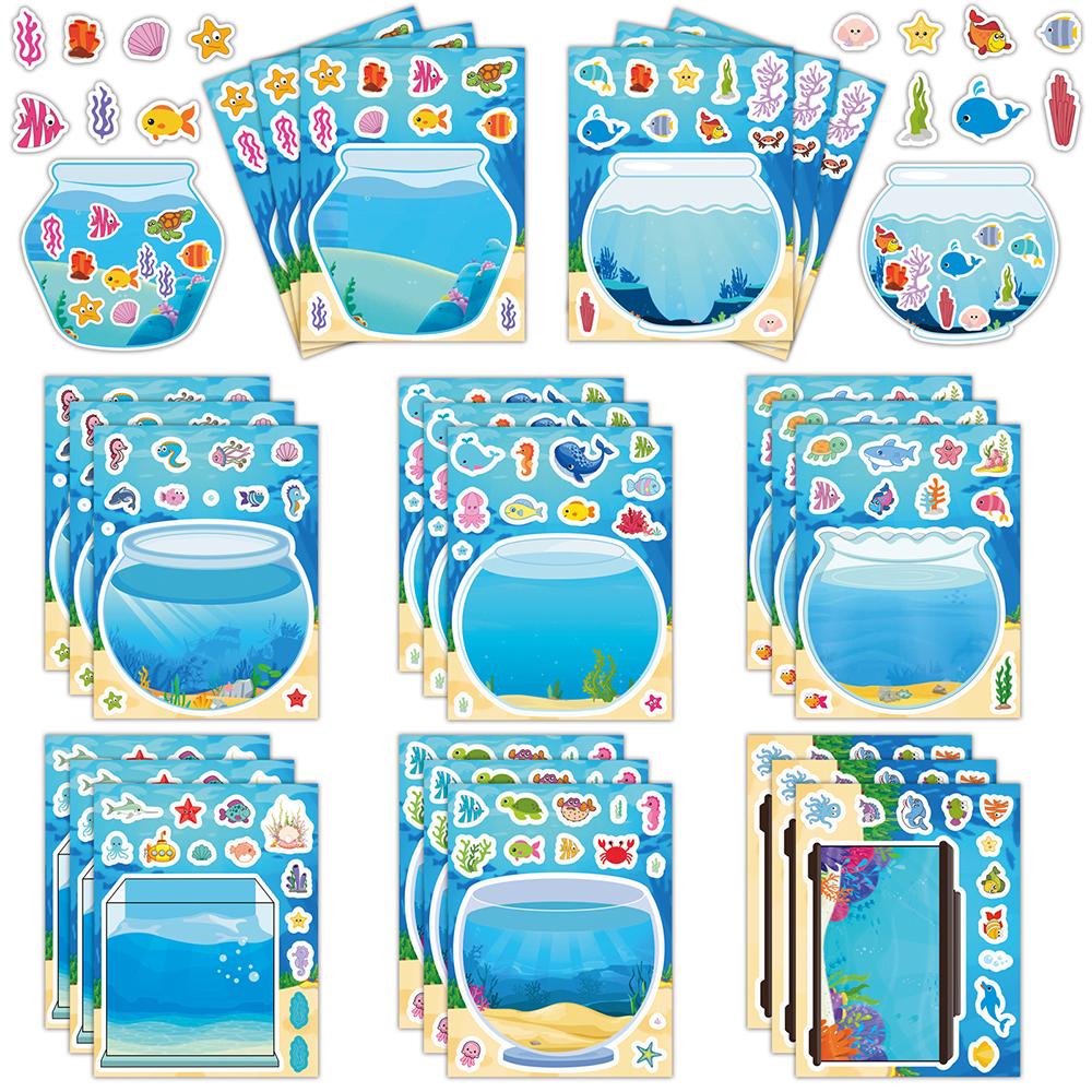 8/16 Blätter Lustiger Cartoon Glücksfisch-Aquarium Puzzle-Aufkleber für Kinderspielzeug Handgemachtes DIY Notizbuch Schreibtisch Niedlicher Dekorationsaufkleber