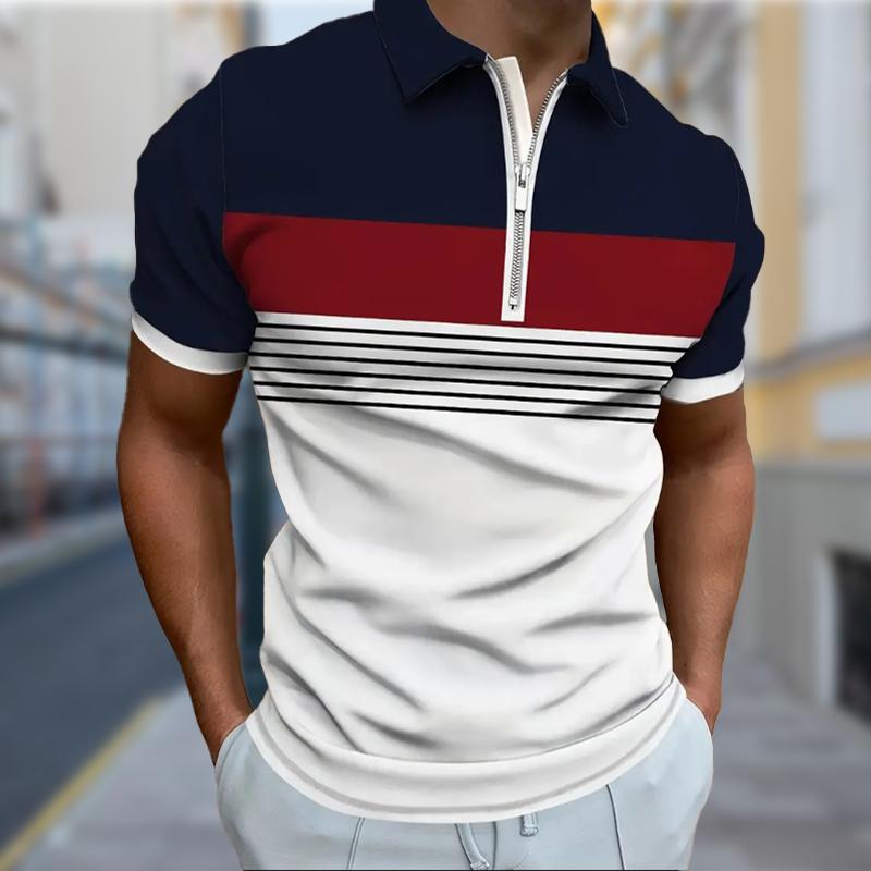 Men's Shirt Polo Casual Zip Short Sleeve Fashion Casual Zipper Summer Spring Regular Fit Natural Color Splicing 3D Print Shirt