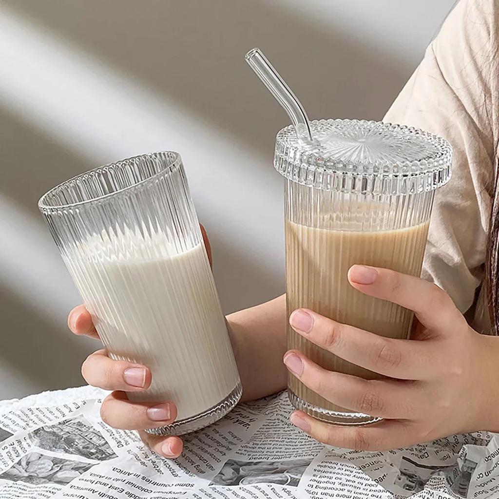 1pc-Stripe Glass Cup Transparent Glasses with Lid and Straw Ice Coffee Mug Tea Cup Juice Glass Milk Water Cup Drinkware