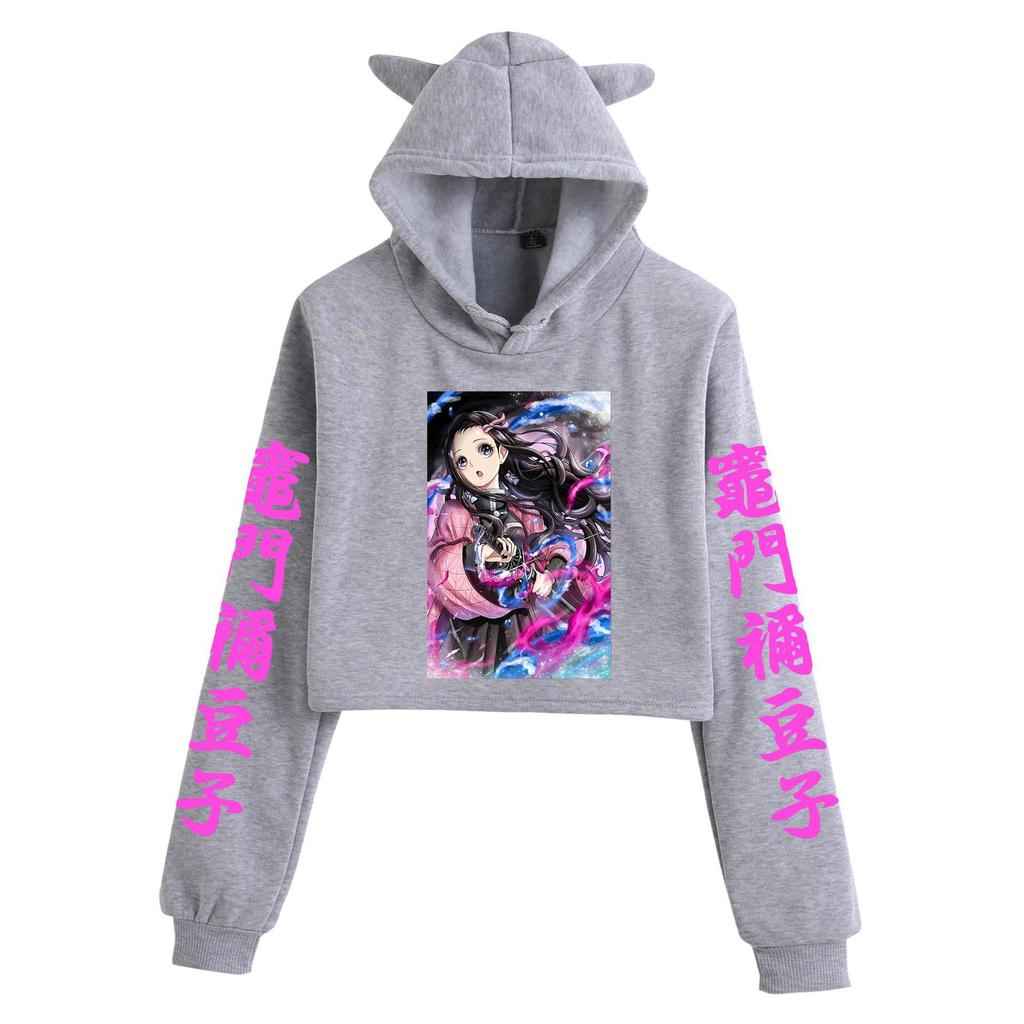 Demon Slayer Kimetsu no Yaiba Women's Cat Ear Crop Top Hoodie