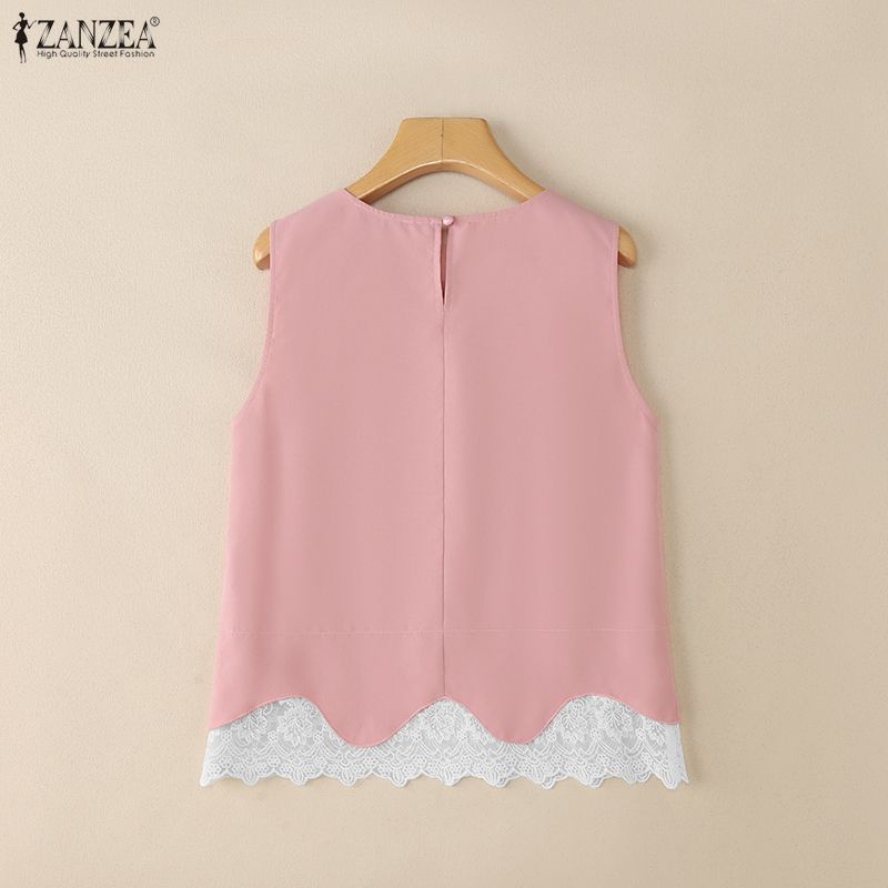 ZANZEA Women Lace Splice Summer Casual Round Neck Sleeveless Tank Tops