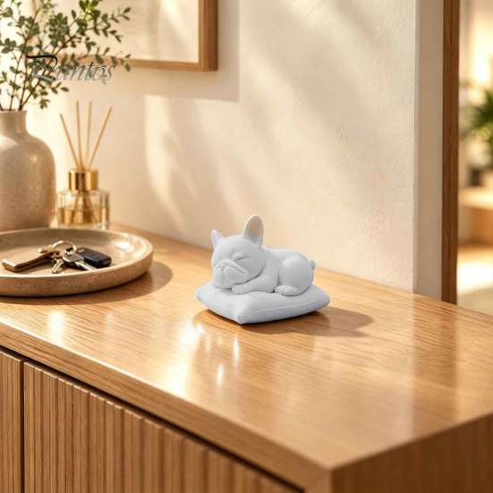 White Bulldog Model for Painting Sleeping French Figurine, 3D Printed Small Dog Statue, Cute PLA Animal Sculpture Home, Office, Desktop, Car Dashboard