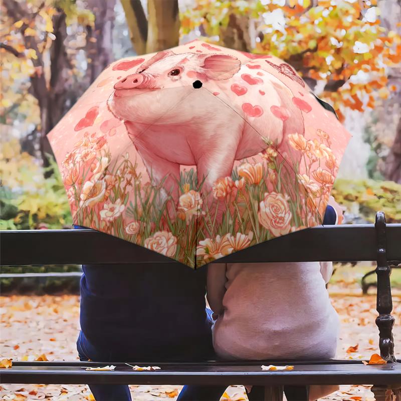 Pink Piglet Pattern, Automatic Folding Umbrella, Portable and Foldable Design, 8 Ribs, a Christmas or Birthday Gift.