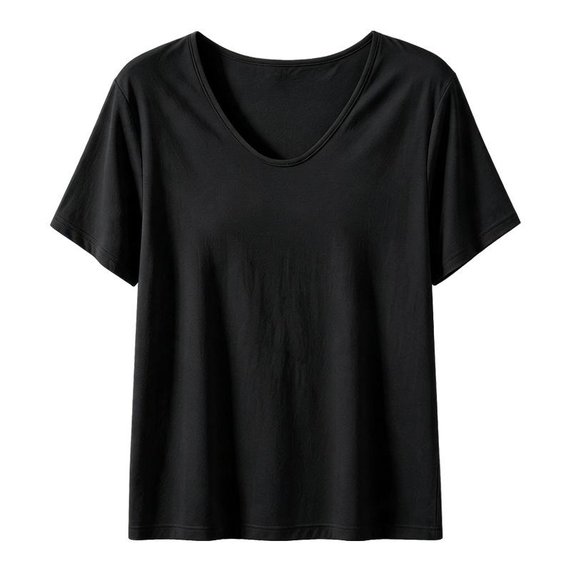 Women's Short Sleeve Top V Neck Casual Loose Fit Ice Silk Ribbed T-Shirt Solid Color Daily Wear Blouse