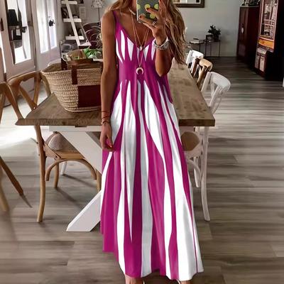 Striped Spaghetti Strap Dress, Elegant V Neck Sleeveless Cami Dress For Spring & Summer, Women's Clothing
