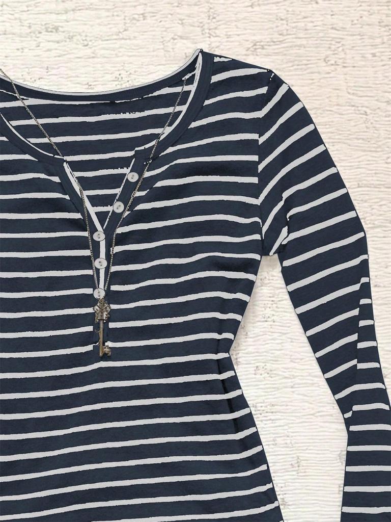 European & American Striped V-neck Long-sleeve Slimming T-shirt - Autumn/Winter Casual Korean Style