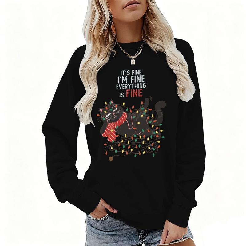 Weihnachtsgeschenke Outfits Oberteil Mir geht es gut Alles ist gut Grafikpullover Damen Fröhliche Weihnachten Katze Lichter Cartoon Sweatshirt