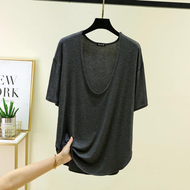 Modal Deep U-Neck Tshirt Summer Loose Short-sleeved T-shirts Simple Thin Tees Casual Tee Tops