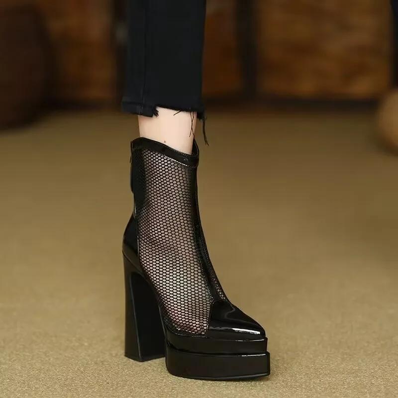 

Летние дышащие сетчатые охлаждающие ботинки женские тонкие на супер высоком каблуке платформе блочном каблуке с острым носком ажурные сексуальные сетчатые ботинки 39 чёрный