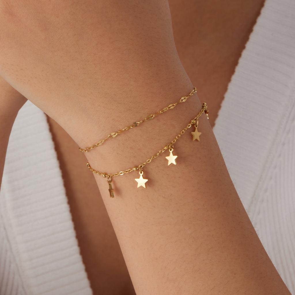 DIEYURO 316L Stainless Steel Golden Star Multi Pendant Sparkling Double layer Bracelet Women Trend Fashion Hand Chain Jewelry