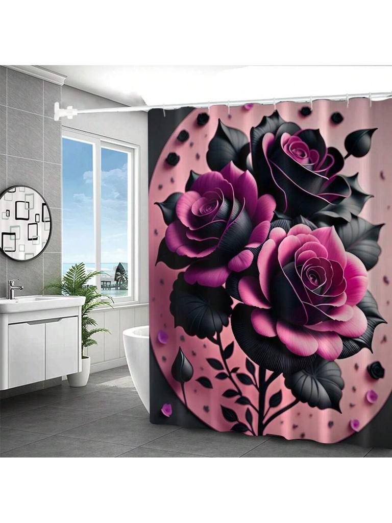 Valentine'S Day Pink Rose Bathroom Set: Bath Curtain, Toilet Lid Cover, U-Shape Rug, Bathroom Accessories