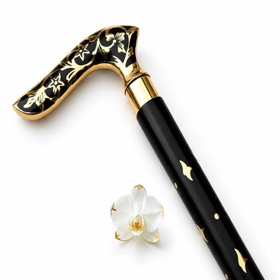 Floral Gold Line Walking Stick, Handmade Wooden Spiral Cane, Artisan Walking Cane with Rubber Tip,  Gentleman’s Walking Stick Gift