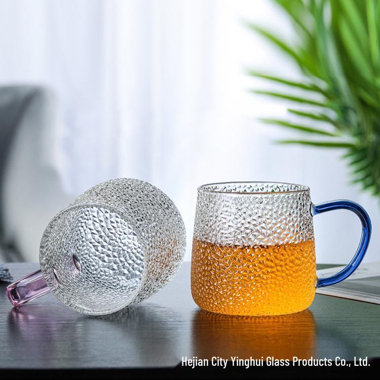 Colored Handle Hammered Glass Cup - Single Layer, Heat-Resistant, Transparent for Water, Milk, or Tea