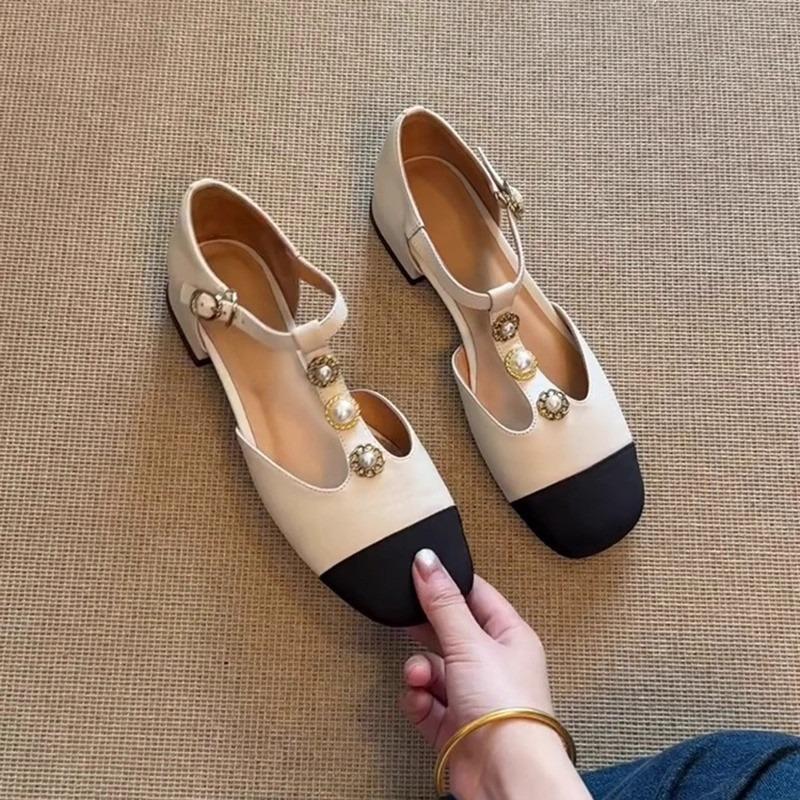 Summer New Mary Jane Single Shoes Women's Flat Metal Button Camellia Color Matching Ballet Shoes