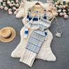 Autumn and Winter Small Fragrant Wind Stripes Collision Color Sexy Lapel Striped Knit Shirt Plus Halter Dress Two-piece