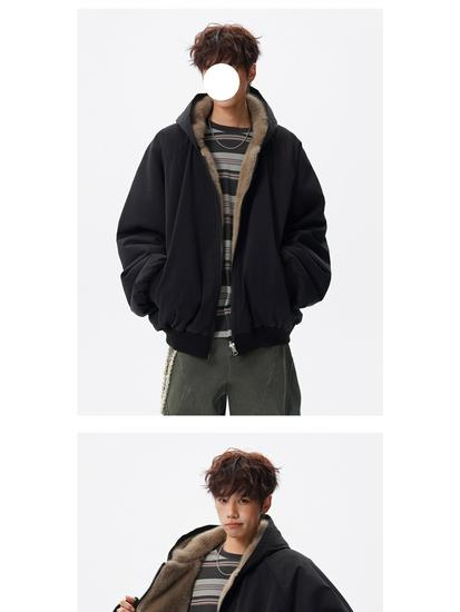 Trendy Reversible Faux Rabbit Fur Men's Winter Jacket: Cool, Warm, Retro Hooded Cotton Coat for Couples