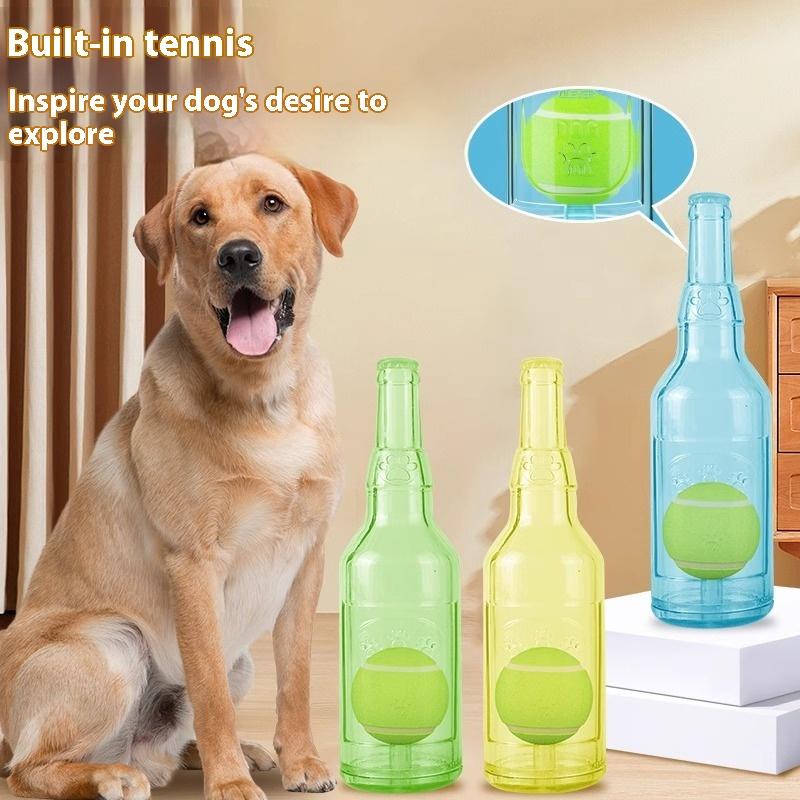 Funny Dog Chew Toy TPR Bottle with Tennis Ball Bite-Resistant Interaction Squeaky Chew Dog Toys
