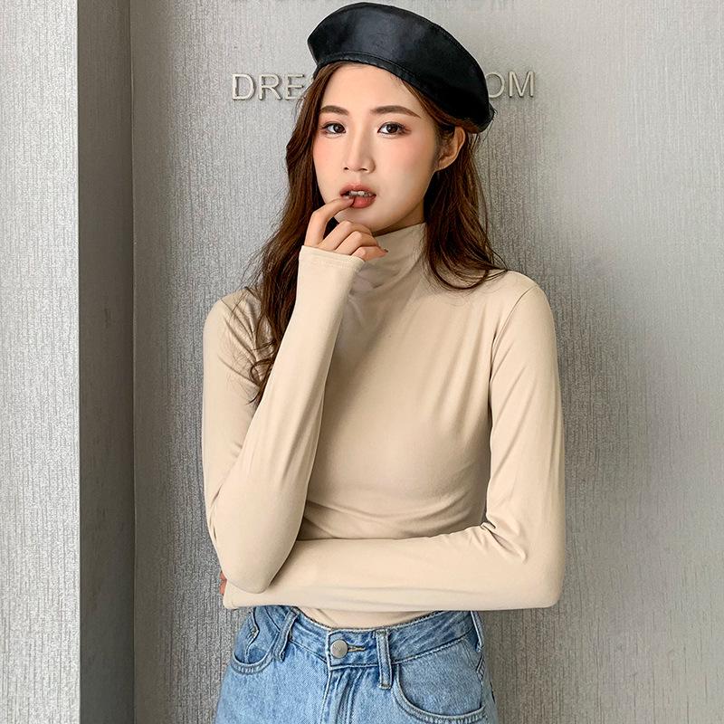 Women's Black Milk Silk Long Sleeve Half Turtleneck T-Shirt with Plus Velvet, All-Season, 2025 New Style