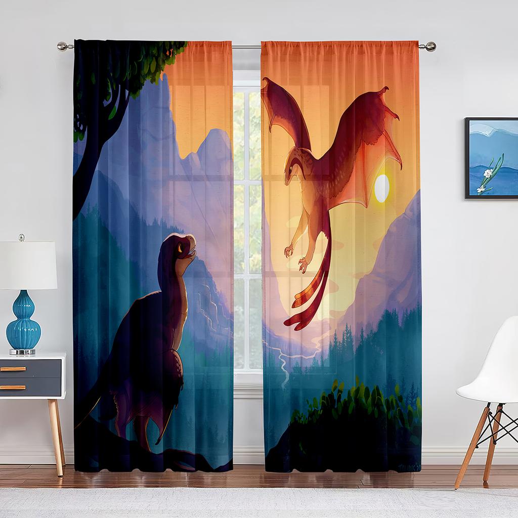 Dinosaurie Tecknad Dino Djur Tyll Skira Fönstergardiner för Vardagsrum Barn Pojkar Sovrum Modern Tyll Voile Gardin Dekoration