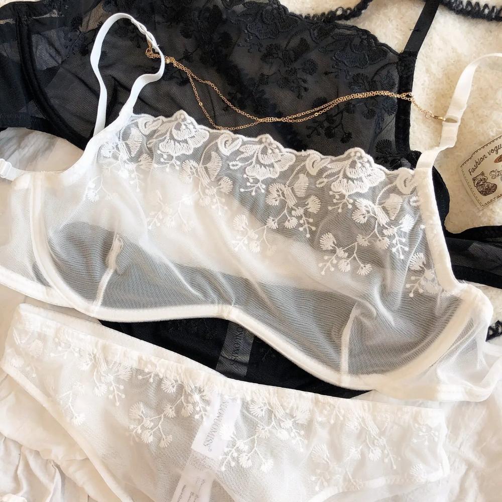 Sexy Lace Flower Embroidery Lingerie Set for Women French Ultra-thin Mesh Transparent Bra Detachable Decoration Chain Underwear