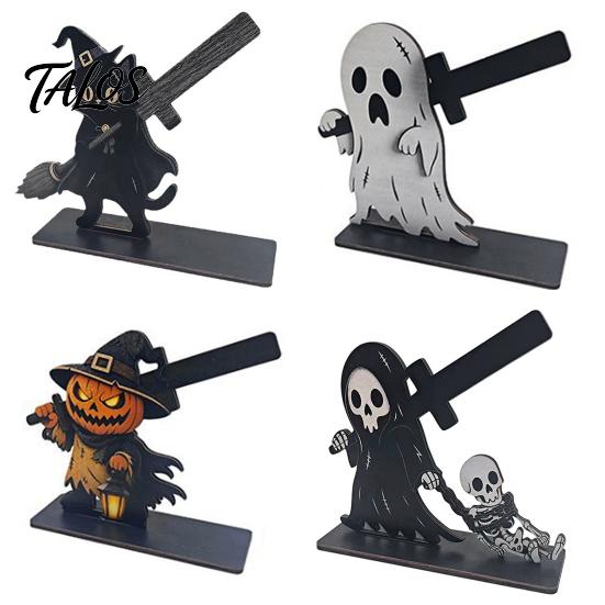 Theme Party Accents Halloween Table Sign, Spooky Ghost Grim Reaper Black Cat Pumpkin Scarecrow Decorative Holiday Signs Wooden Tabletop Centerpiece