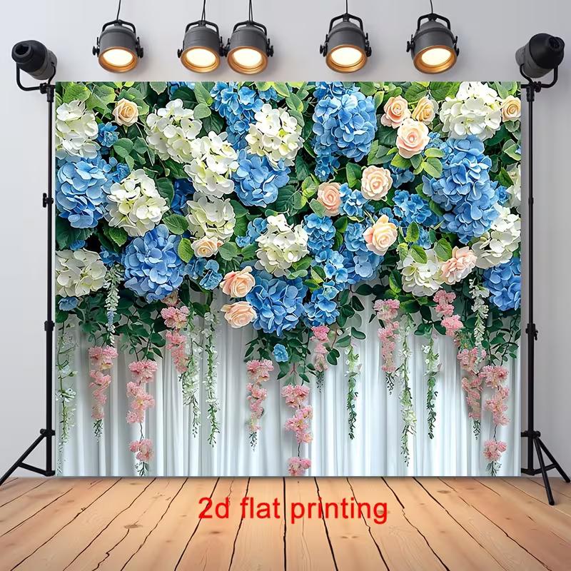 2D White Curtain Floral Backdrop with Hanging Pink Blooms Photo Booth Banner