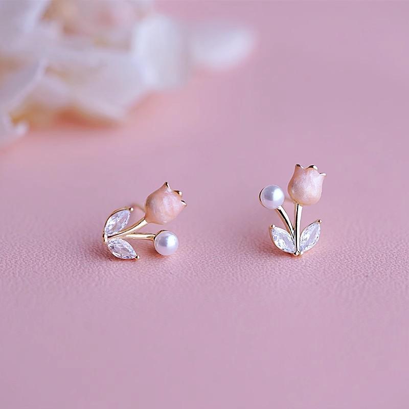 Sweet and Cute Pink Tulip Pearl Earrings High-end Light Luxury Niche Design Versatile