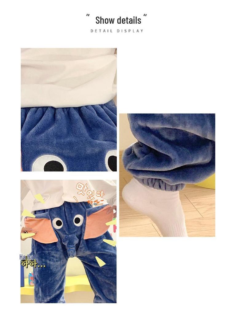 Pantalon de Nuit Unisexe Mignon Éléphant en Flanelle - Ample, Drôle, Style Automne/Hiver