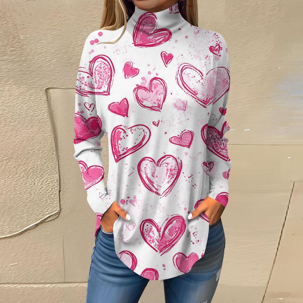 Women Fall Casual Long Sleeve Shirts Sweatshirt Printed High Neck Top Pullover