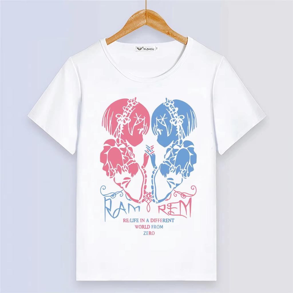 Anime Rem Ram Emilia Sommer Kurzarm Cartoon Druck Weiß Atmungsaktiv Oberteil Damen und Herren T-Shirt