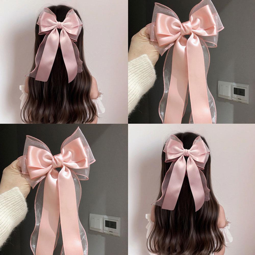 Women Elegant Long Ribbon Bow Hair Clips Fashion Korean Spring Hairpins Girls Sweet Chiffon Bowknot Hairgrip Headwear Ornament