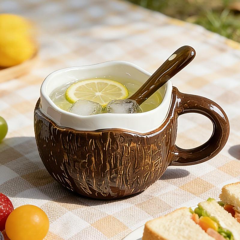 Underglaze Gift Box Ceramic Coffee Cup Mark with Lid and Spoon Creative Coconut Shell Women's Breakfast Cup