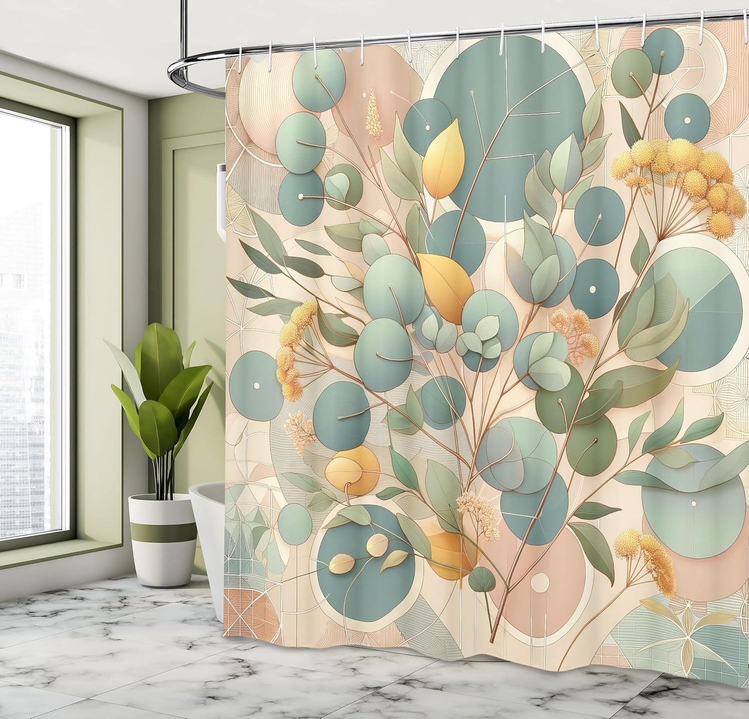 

Eucalyptus Leaves Shower Curtain, Pastel Art Deco Style Of Botanical Themed Tree Branches, Cloth Fabric Bathroom Decor W60H190(CM)-1 Pcs