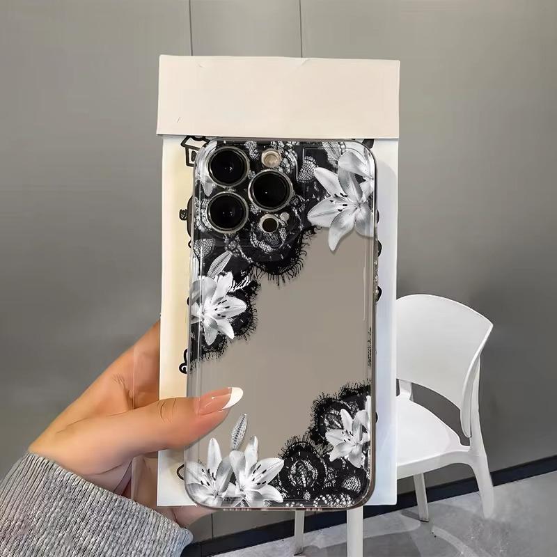 Black Lace White Lily Flower Print Clear Phone Case for iPhone 17 Pro Max 16 15 Pro 14 13 12 11 XR 17Air 16 Plus Silicone Cover