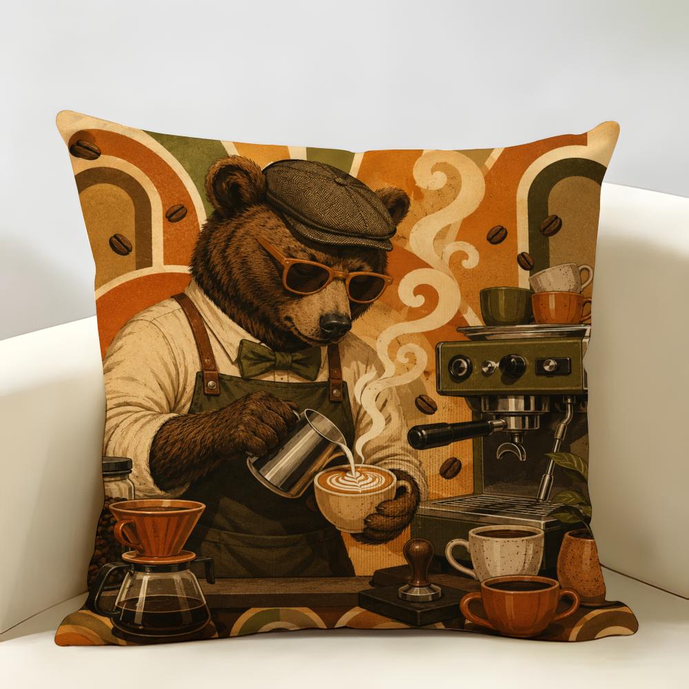 Cool Funny Bear Coffee Cushion Cover Durable Hypoallergenic Organic Linen Pillow Cover Short Size Washable Skin-Friendly