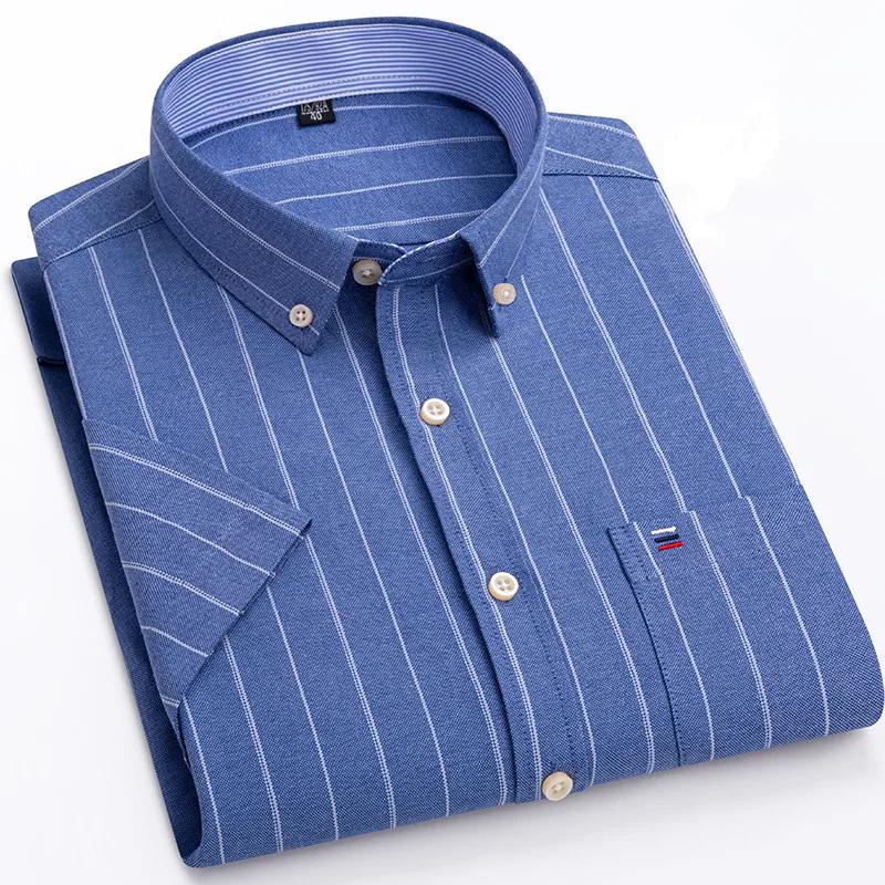 Cămașă bărbătească Oxford din bumbac de înaltă calitate, cu mânecă scurtă, pentru confort de vară, respirabilă, clasică, culoare uni, carouri, business, casual